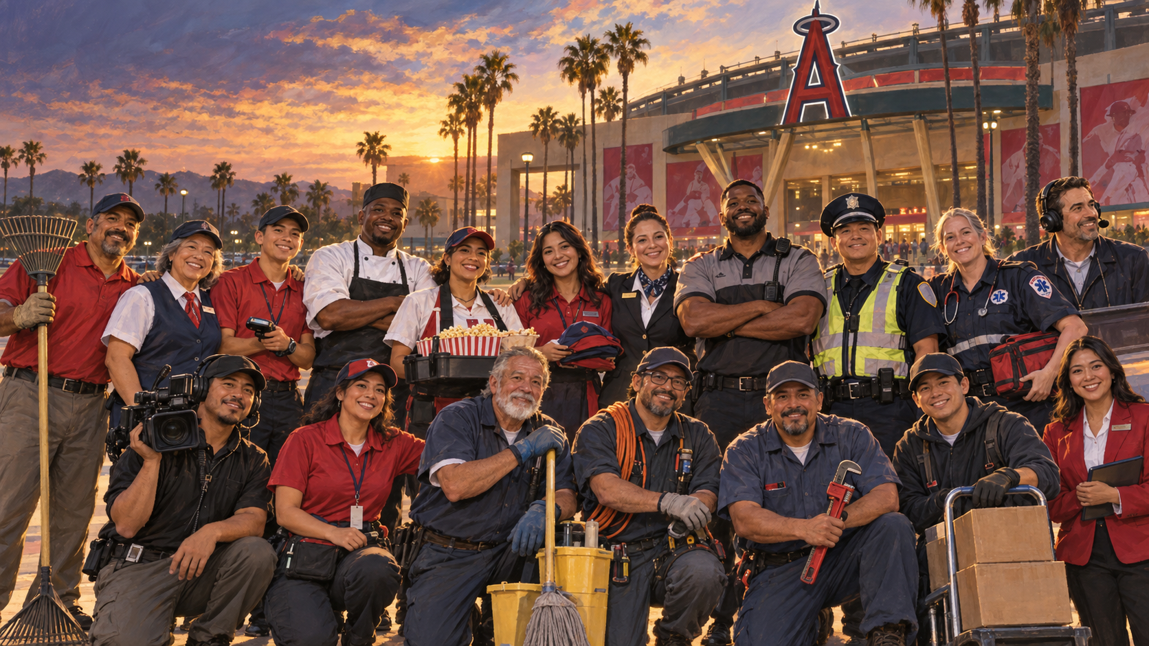 Original painted tribute showing fictional stadium workers from many departments standing together outside a baseball stadium at sunset.