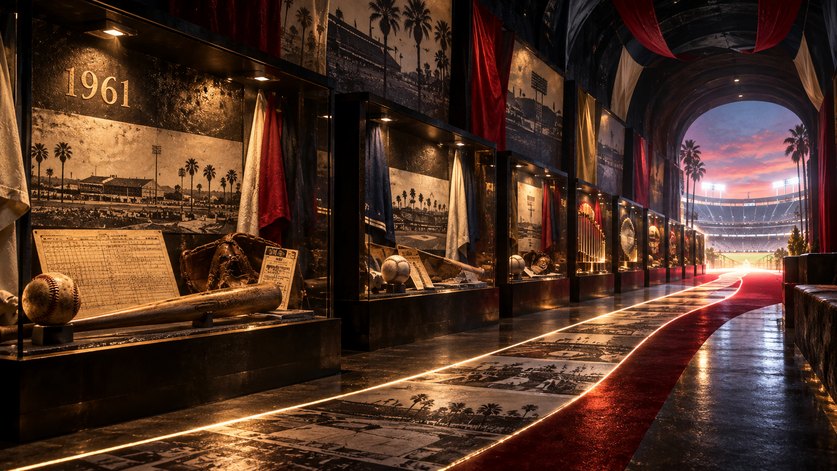Conceptual illustration of a museum-like Angels history corridor.